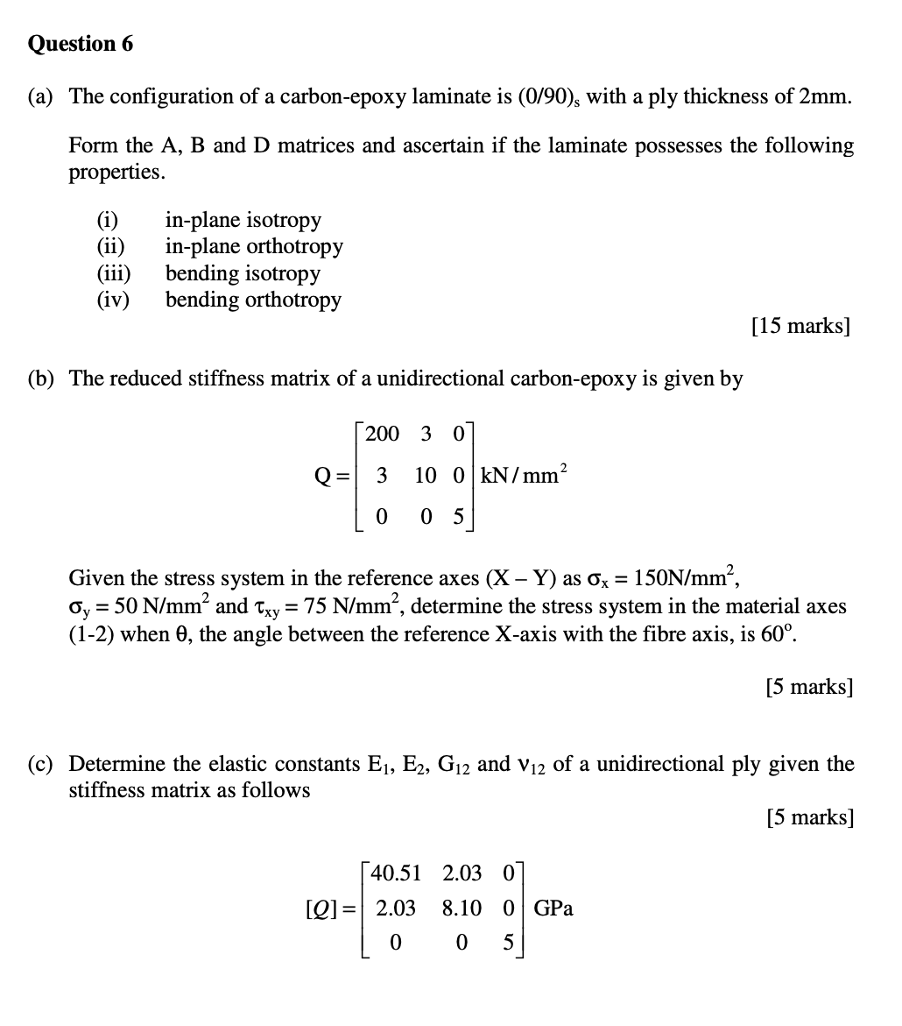 Question 6 A The Configuration Of A Carbon Epoxy Laminate Is 0 90 With A Ply Thickness Of 2mm Form The A B And D 1