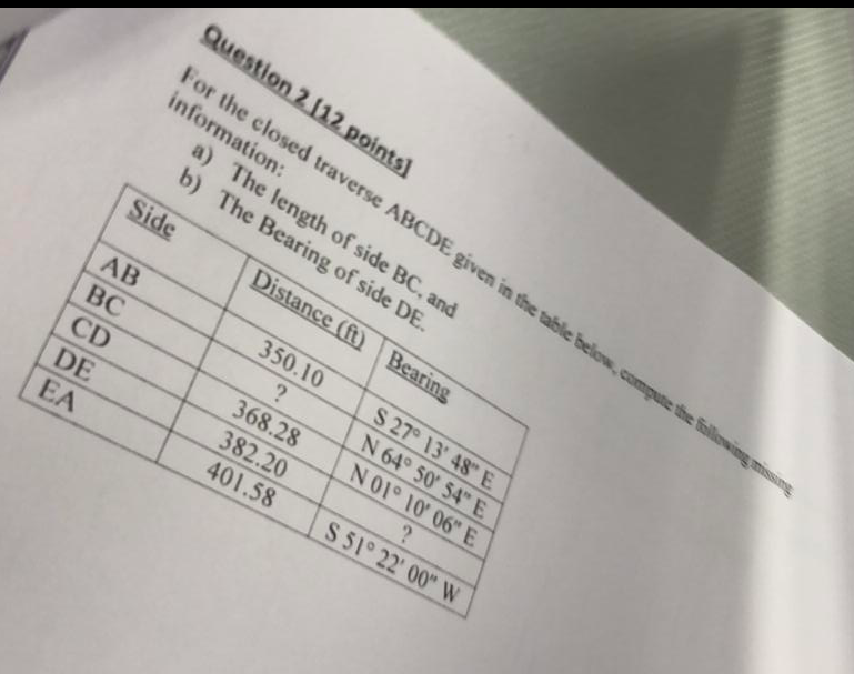 Question 2 112 Points For The Closed Traverse Abcde Given In The Table Below Compute The Following Missing Information 1