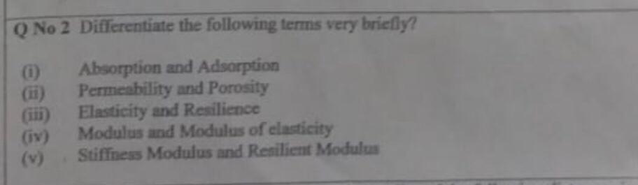 Q No 2 Differentiate The Following Terms Very Briefly 0 Absorption And Adsorption Permeability And Porosity Elasticit 1