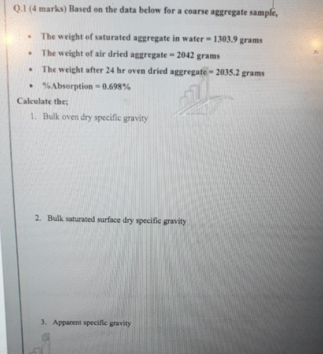 0 1 4 Marks Based On The Data Below For A Coarse Aggregate Sample The Weight Of Saturated Aggregate In Water 1303 9 1