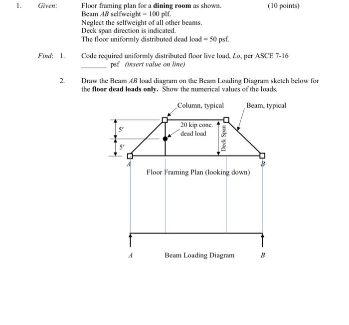 1 Given Find 1 Floor Framing Plan For A Dining Room As Shown 10 Points Beam Ab Selfweight 100 Plf Neglect The 1