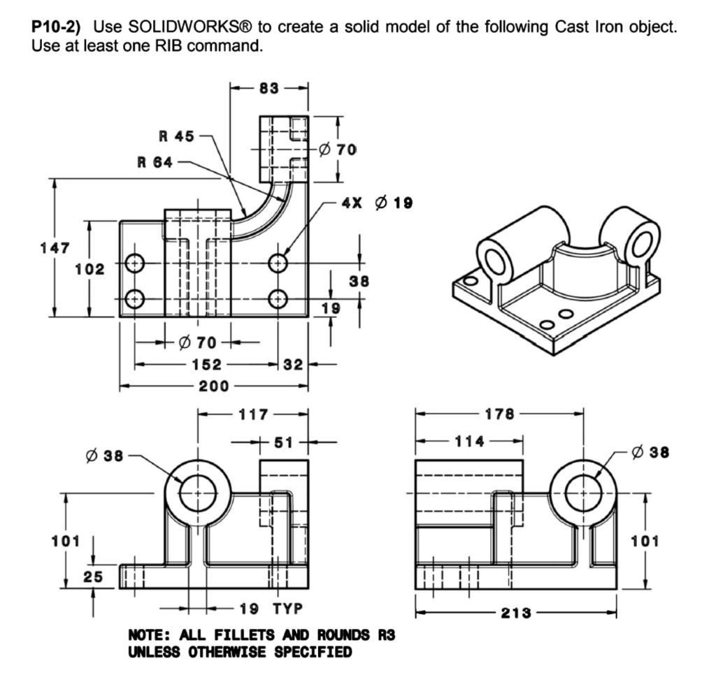 P10 2 Use Solidworks To Create A Solid Model Of The Following Cast Iron Object Use At Least One Rib Command 83 R 4 1
