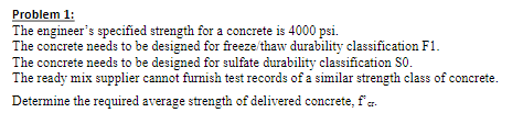 Problem 1 The Engineer S Specified Strength For A Concrete Is 4000 Psi The Concrete Needs To Be Designed For Freeze Th 1