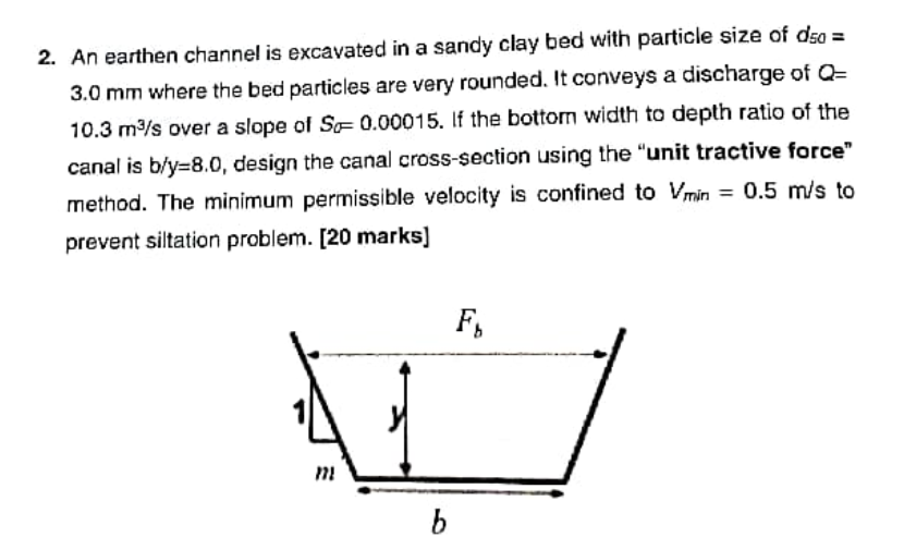 2 An Earthen Channel Is Excavated In A Sandy Clay Bed With Particle Size Of Dso 3 0 Mm Where The Bed Particles Are Ve 1