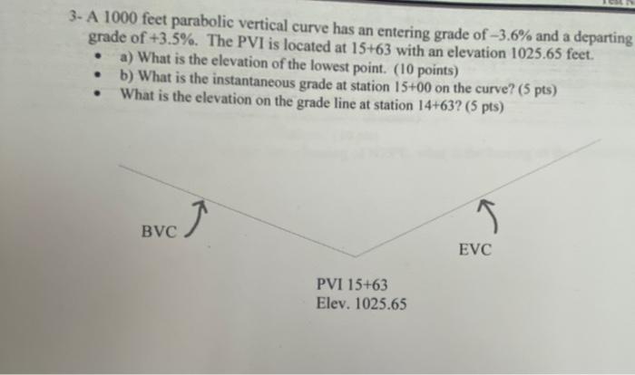 3 A 1000 Feet Parabolic Vertical Curve Has An Entering Grade Of 3 6 And A Departing Grade Of 3 5 The Pvi Is Locate 1