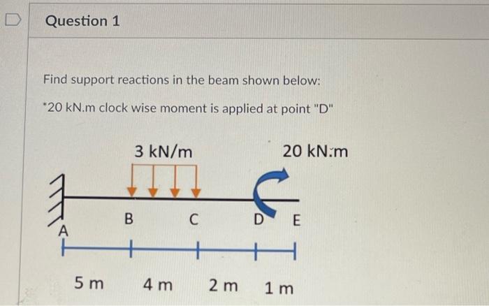 Question 1 Find Support Reactions In The Beam Shown Below 20 Kn M Clock Wise Moment Is Applied At Point D 3 Kn M 20 1