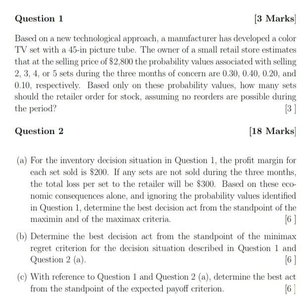 Question 1 3 Marks Based On A New Technological Approach A Manufacturer Has Developed A Color Tv Set With A 45 In Pict 1