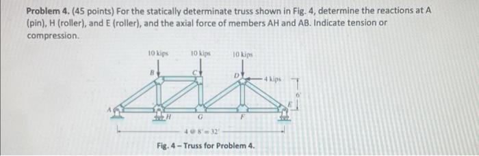 Problem 4 45 Points For The Statically Determinate Truss Shown In Fig 4 Determine The Reactions At A Pin H Roll 1