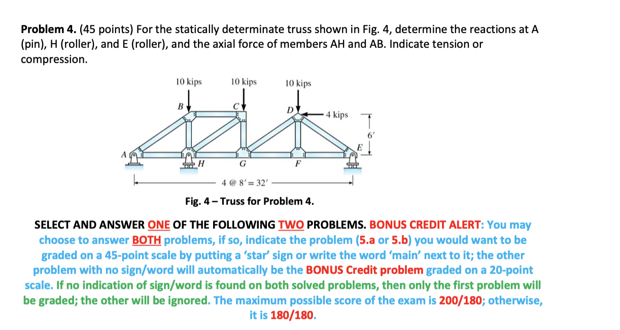 Problem 4 45 Points For The Statically Determinate Truss Shown In Fig 4 Determine The Reactions At A Pin H Roll 1