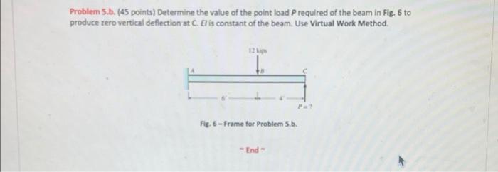 Problem 5 B 45 Points Determine The Value Of The Point Load Prequired Of The Beam In Fig 6 To Produce Zero Vertical 1
