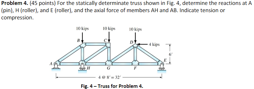 Problem 4 45 Points For The Statically Determinate Truss Shown In Fig 4 Determine The Reactions At A Pin H Roll 1