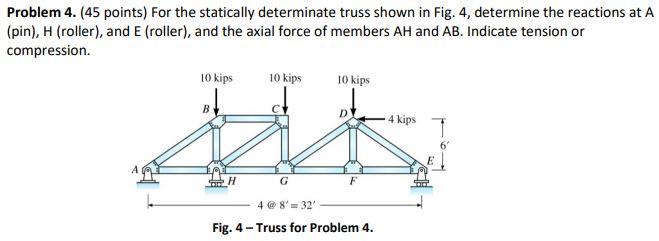 Problem 4 45 Points For The Statically Determinate Truss Shown In Fig 4 Determine The Reactions At A Pin H Roll 1