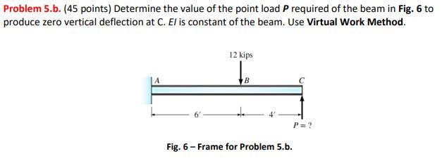 Problem 5 B 45 Points Determine The Value Of The Point Load P Required Of The Beam In Fig 6 To Produce Zero Vertical 1