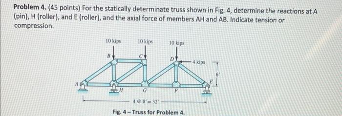 Problem 4 45 Points For The Statically Determinate Truss Shown In Fig 4 Determine The Reactions At A Pin H Roll 1