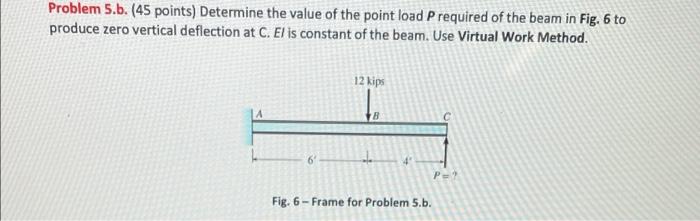 Problem 5 B 45 Points Determine The Value Of The Point Load P Required Of The Beam In Fig 6 To Produce Zero Vertical 1