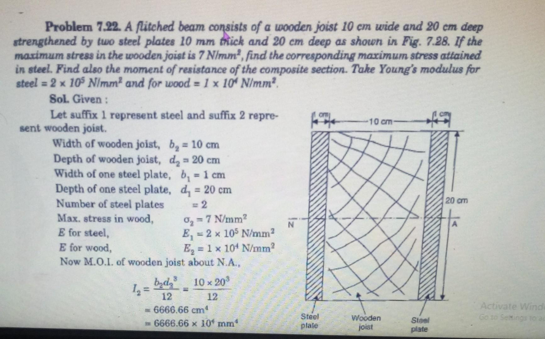 Problem 7 22 A Flitched Beam Consists Of A Wooden Joist 10 Cm Wide And 20 Cm Deep Strengthened By Two Steel Plates 10 M 1
