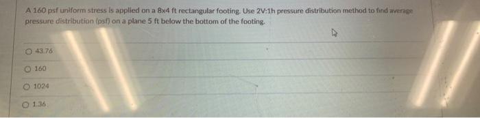 A 160 Psf Uniform Stress Is Applied On A 8x4 Ft Rectangular Footing Use 20 1h Pressure Distribution Method To Find Weng 1