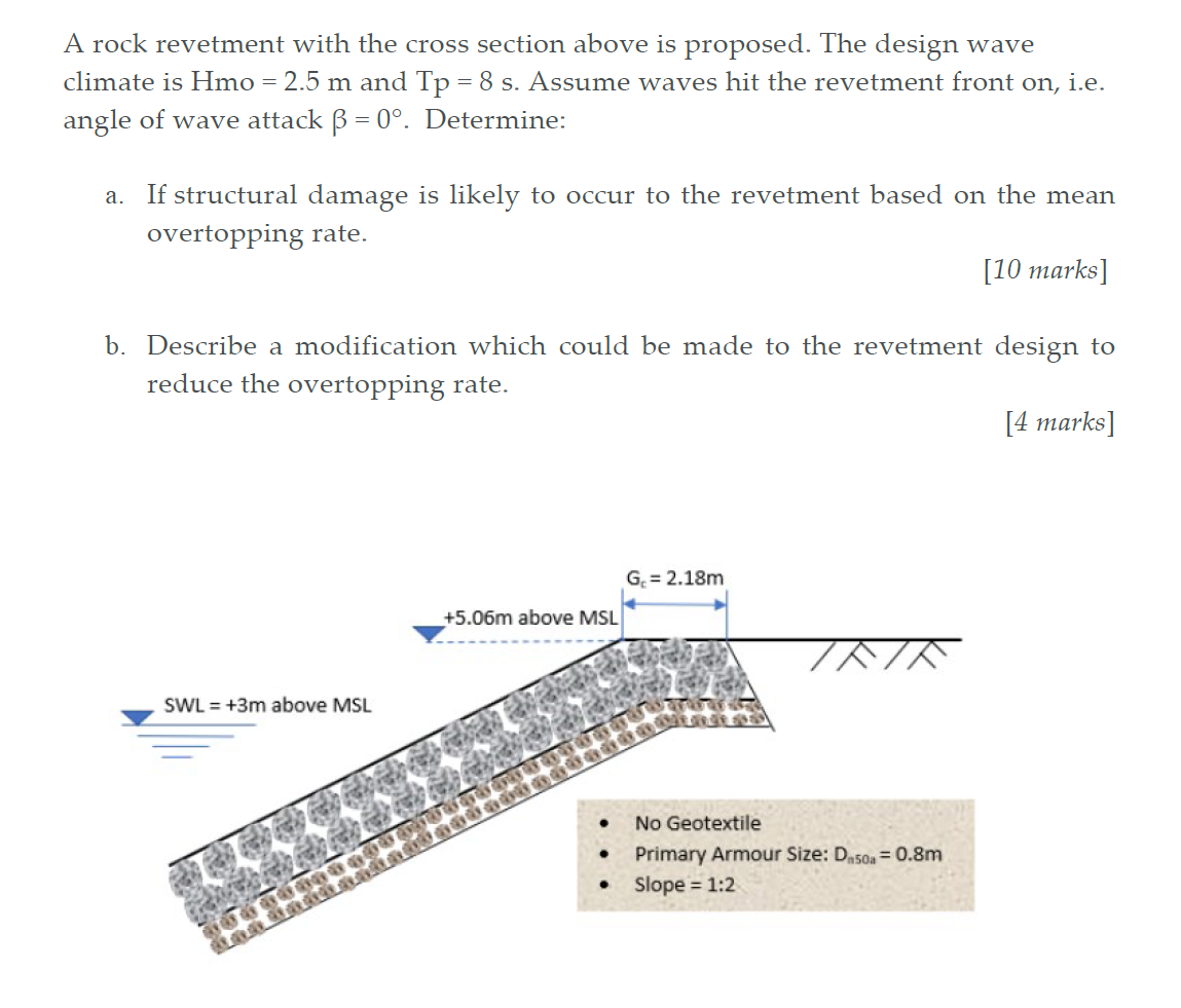 A Rock Revetment With The Cross Section Above Is Proposed The Design Wave Climate Is Hmo 2 5 M And Tp 8 S Assume W 1