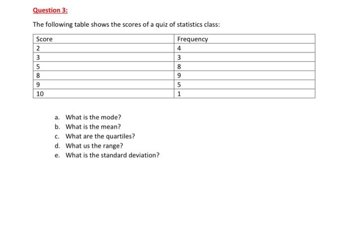 Question 3 The Following Table Shows The Scores Of A Quiz Of Statistics Class Nm Score 2 3 5 8 9 10 Frequency 4 3 8 Uo 1