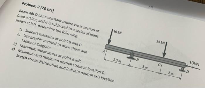 Problem 2 20 Pts 10 Kn Beam Abcd Has A Constant Square Cross Section Of 0 2m X 0 2m And It Is Subjected To A Series O 1