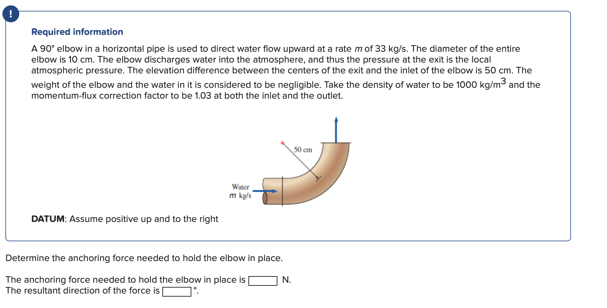 Required Information A 90 Elbow In A Horizontal Pipe Is Used To Direct Water Flow Upward At A Rate M Of 33 Kg S The Di 2