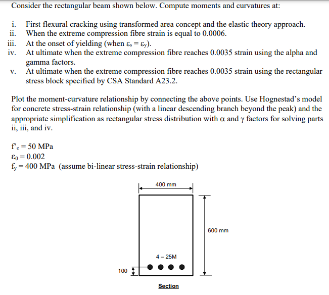 Consider The Rectangular Beam Shown Below Compute Moments And Curvatures At I First Flexural Cracking Using Transform 1