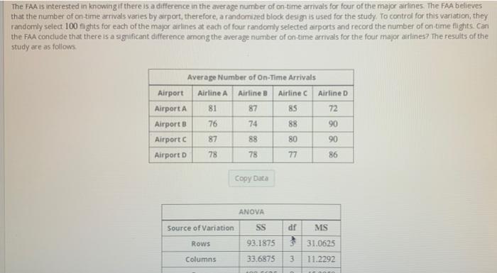 The Faa Is Interested In Knowing If There Is A Difference In The Average Number Of On Time Arrivals For Four Of The Majo 1