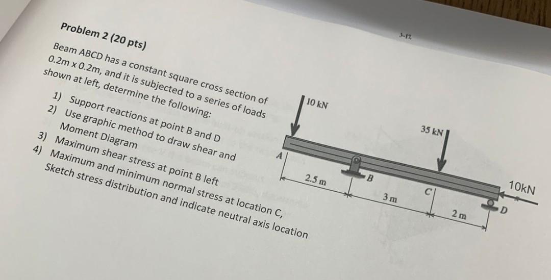 Problem 2 20 Pts 2 12 Beam Abcd Has A Constant Square Cross Section Of 0 2m X 0 2m And It Is Subjected To A Series Of 1