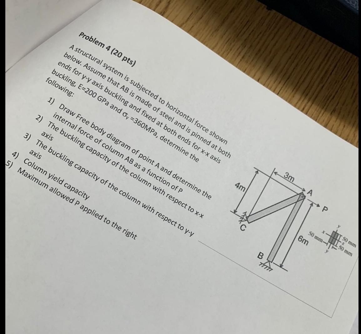 Problem 4 20 Pts A Structural System Is Subjected To Horizontal Force Shown Below Assume That Ab Is Made Of Steel And 1