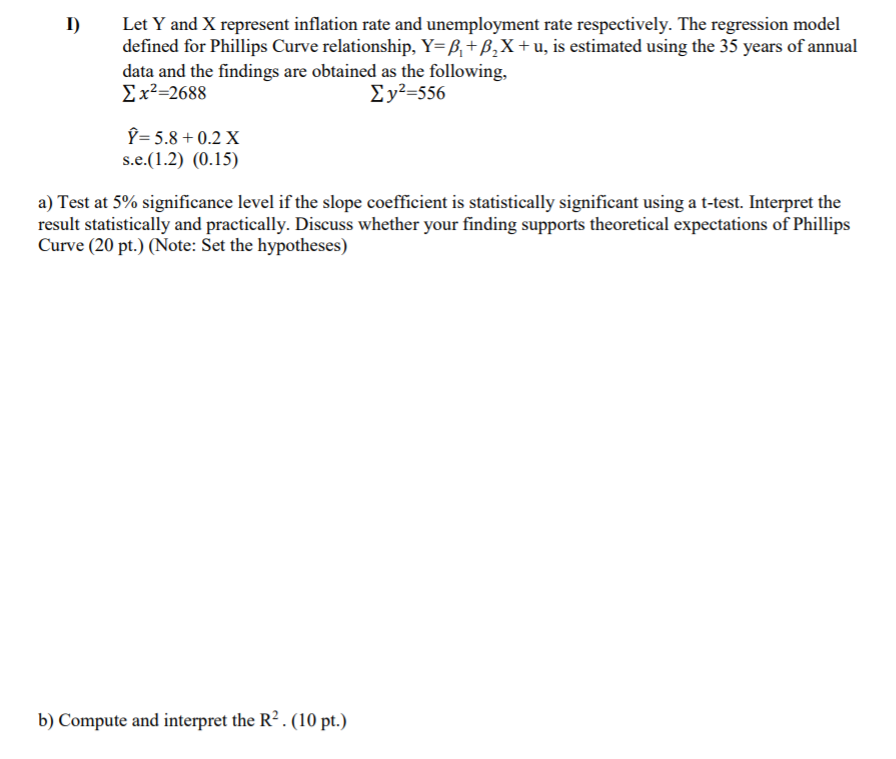 I Let Y And X Represent Inflation Rate And Unemployment Rate Respectively The Regression Model Defined For Phillips Cu 1
