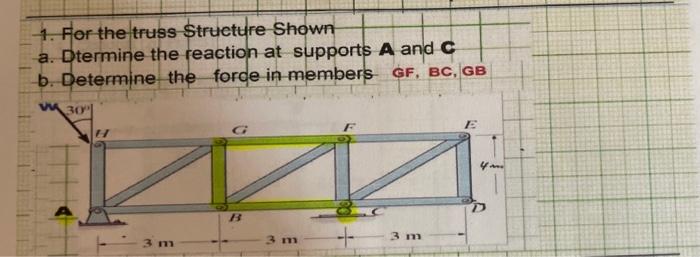 1 For The Truss Structure Shown A Dtermine The Reaction At Supports A And C B Determine The Force In Members Gf Bc 1