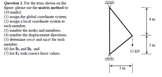 4 M Question 1 For The Truss Shown On The Figure Please Use The Matrix Method To 10 Marks 1 Assign The Global Coo 1