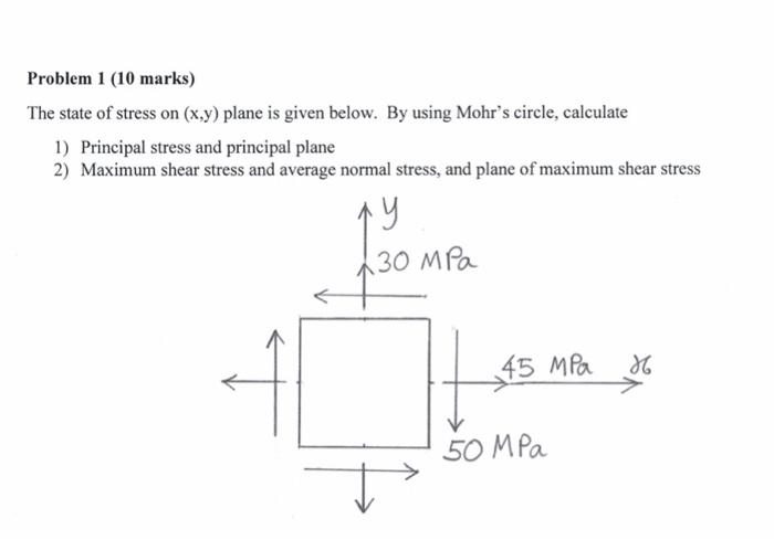 Problem 1 10 Marks The State Of Stress On X Y Plane Is Given Below By Using Mohr S Circle Calculate 1 Principal S 1