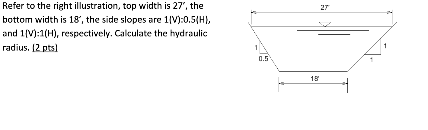 27 Refer To The Right Illustration Top Width Is 27 The Bottom Width Is 18 The Side Slopes Are 1 V 0 5 H And 1 V 1