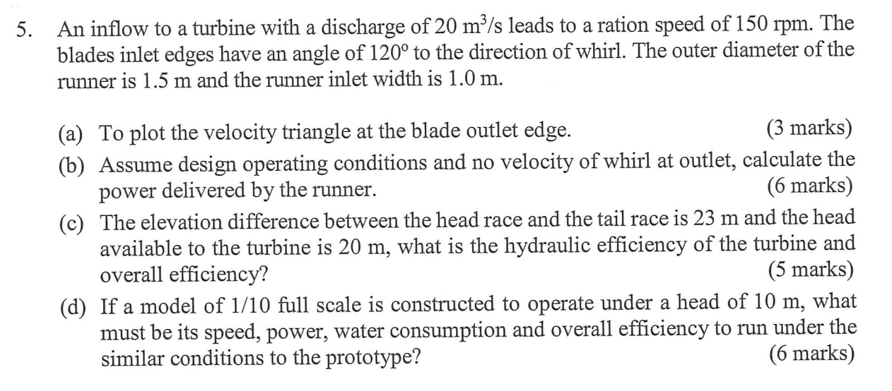 5 An Inflow To A Turbine With A Discharge Of 20 M3 S Leads To A Ration Speed Of 150 Rpm The Blades Inlet Edges Have An 1