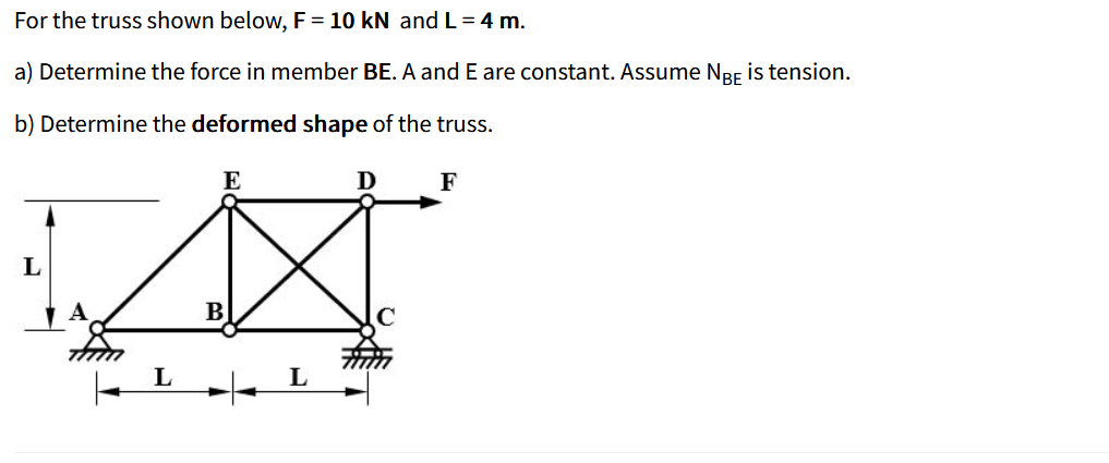 For The Truss Shown Below F 10 Kn And L 4 M A Determine The Force In Member Be A And E Are Constant Assume Nbe 1