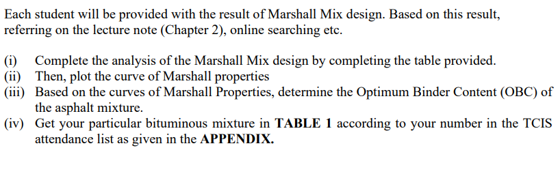 Each Student Will Be Provided With The Result Of Marshall Mix Design Based On This Result Referring On The Lecture Not 1