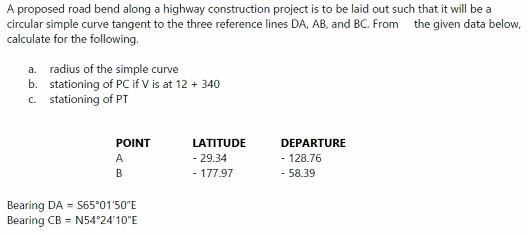 A Proposed Road Bend Along A Highway Construction Project Is To Be Laid Out Such That It Will Be A Circular Simple Curve 1