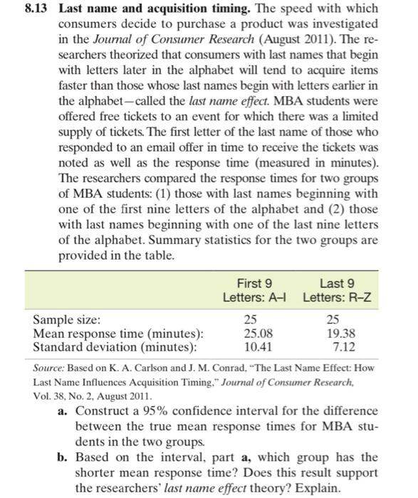 8 13 Last Name And Acquisition Timing The Speed With Which Consumers Decide To Purchase A Product Was Investigated In T 1