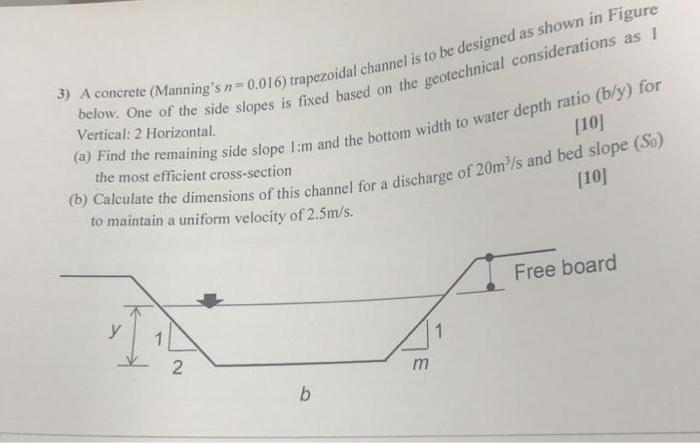 Vertical 2 Horizontal 3 A Concrete Manning S N 0 016 Trapezoidal Channel Is To Be Designed As Shown In Figure Bel 1