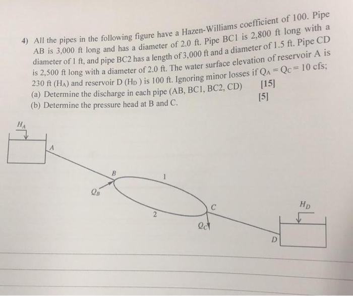 4 All The Pipes In The Following Figure Have A Hazen Williams Coefficient Of 100 Pipe Ab Is 3 000 Ft Long And Has A Di 1