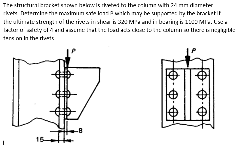 The Structural Bracket Shown Below Is Riveted To The Column With 24 Mm Diameter Rivets Determine The Maximum Safe Load 1