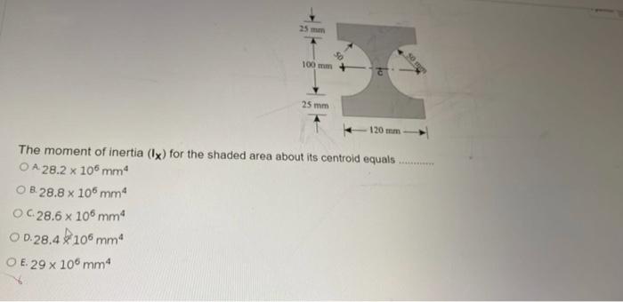 25mm 100 Mm 25 Mm 120 Mm The Moment Of Inertia Lx For The Shaded Area About Its Centroid Equals A 28 2 X 105 Mm O B 28 1
