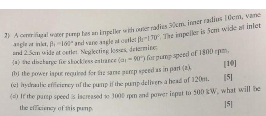 10 2 A Centrifugal Water Pump Has An Impeller With Outer Radius 30cm Inner Radius 10cm Vane Angle At Inlet B1 160 1
