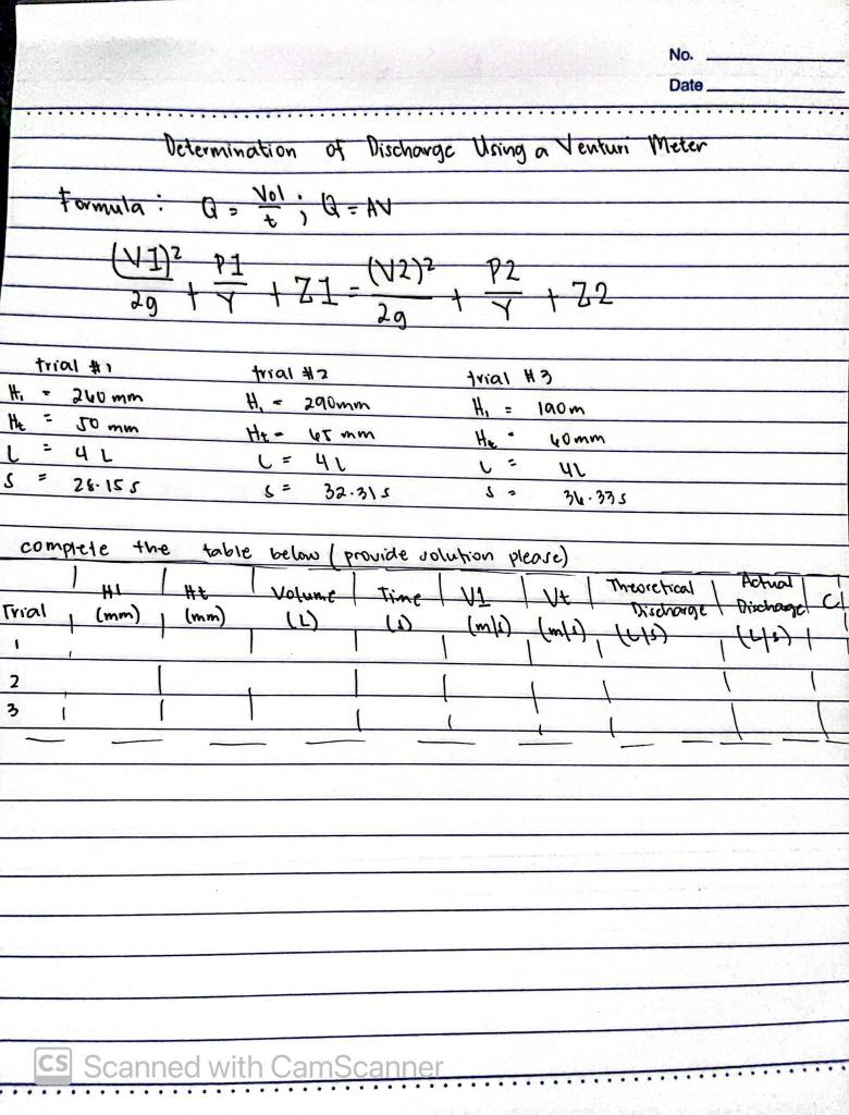 No Date A Determination Of Discharge Using A Venturi Meter Vol Formula Q Q Av 411 P1 12 P2 29 2g T 21 H2 Tria 1
