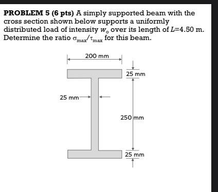 Problem 5 6 Pts A Simply Supported Beam With The Cross Section Shown Below Supports A Uniformly Distributed Load Of In 1