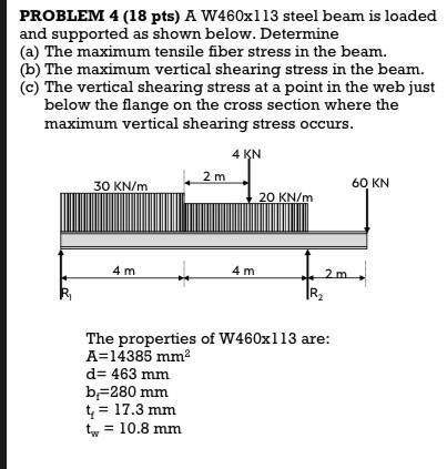 Problem 4 18 Pts A W460x113 Steel Beam Is Loaded And Supported As Shown Below Determine A The Maximum Tensile Fiber 1
