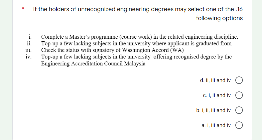 If The Holders Of Unrecognized Engineering Degrees May Select One Of The 16 Following Options I Ii Iii Complete A Mas 1