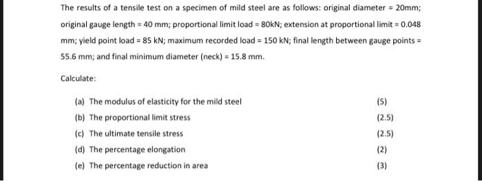 The Results Of A Tensile Test On A Specimen Of Mild Steel Are As Follows Original Diameter 20mm Original Gauge Lengt 1