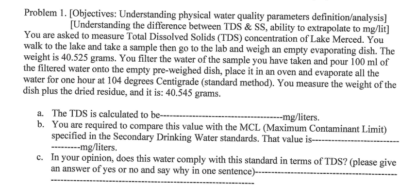 Problem 1 Objectives Understanding Physical Water Quality Parameters Definition Analysis Understanding The Differen 1